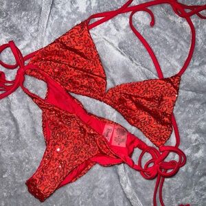Beach Bunny Red Sequin Triangle Bikini Set
